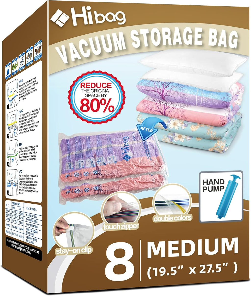 Space Saver Bags | 8 Medium Vacuum Storage Bags for Clothes - Includes Pump for Easy Use