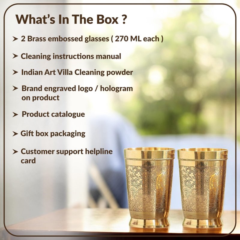 Indian Art Villa Brass Glass Tumbler, Embossed Design, 11 Oz Each, Set of 2