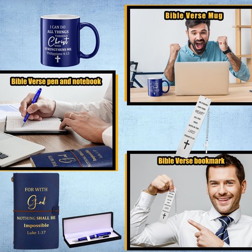 Shellwei 6 Pcs Valentines Christian Gift for Men 11 oz Mug Leather Notebook Religious Metal Bookmark Christian Pen with Box and 1 Refills Greeting Card and Box for Valentines Pastor Appreciation Gifts
