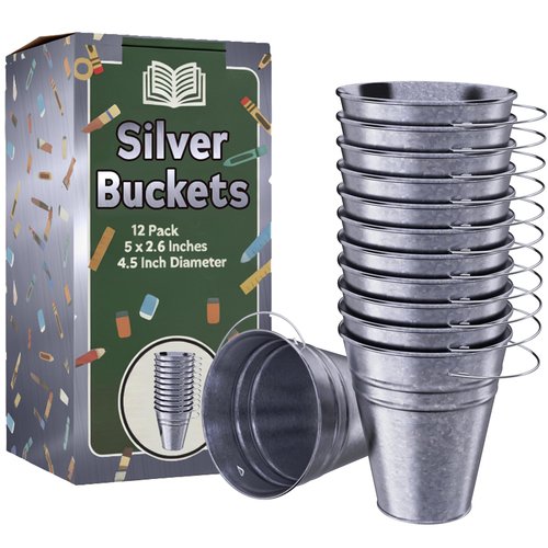 Houseables Galvanized Bucket, Small Metal Bucket, Metal Pail, Small Pail, Mini Tin Container, with Handle, Tin Cans for Crafts, Party Favor, Candy, Flower, Decorative, Silver, Little, 5 Inch, 12 Pack