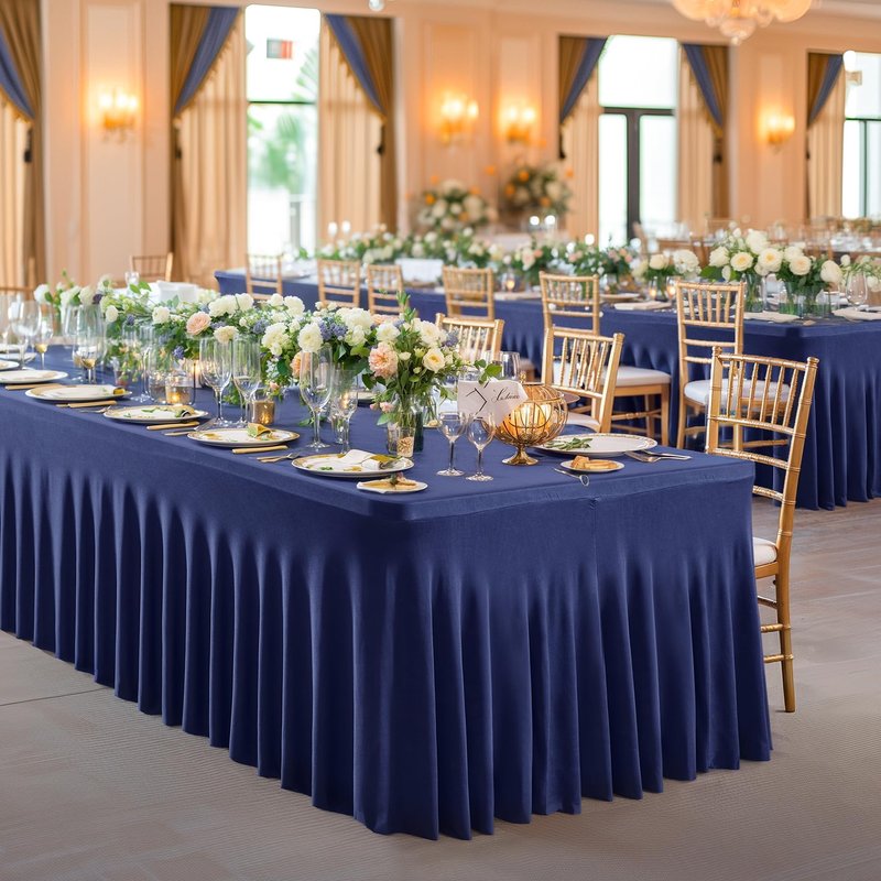 PARTISKY 2 Pack Navy Blue Table Cover for Rectangle Tables 8ft,One-Piece Spandex Elastic Table Cloth with Skirt for Wedding Folding Table Banquet Baby Shower & Birthday Parties