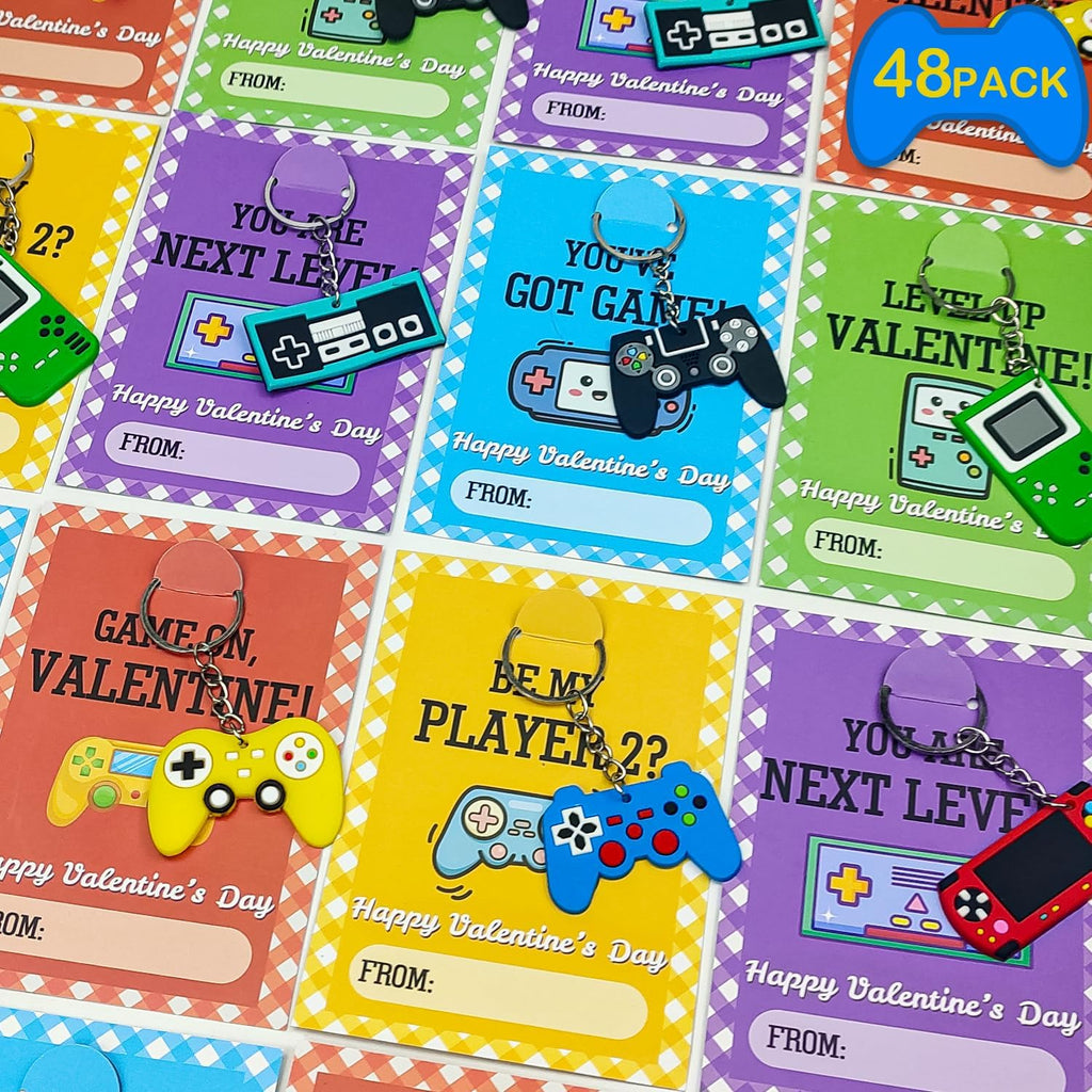 Skiennix Bulk Valentine's Day Cards - 48 Pack Video Game Keychains for Kids | Perfect Classroom Exchange Gifts