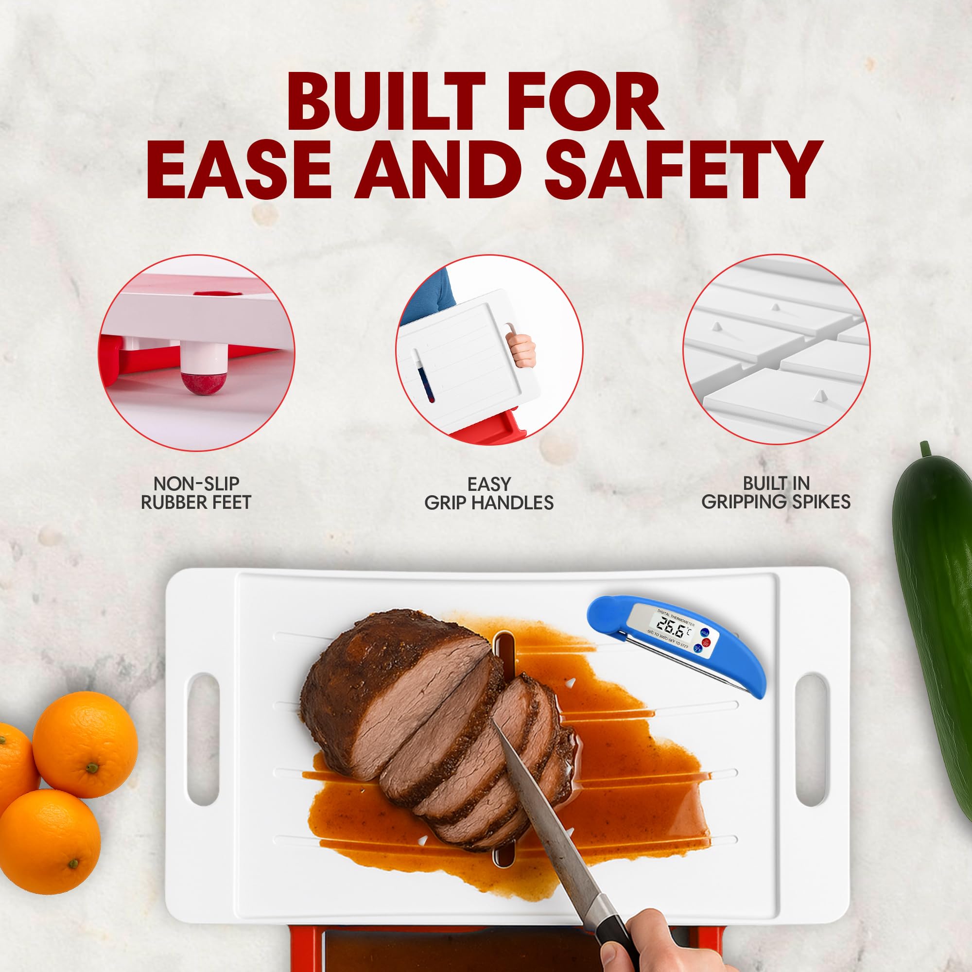 Large Cutting Board - XL Deluxe Meal Prep System with Meat Thermometer, Juice Groove, Spikes, Drip Tray & Removable BPA Free Cutting Board - Patented Multi-Feature Design Carving Board - Kitchen Gifts