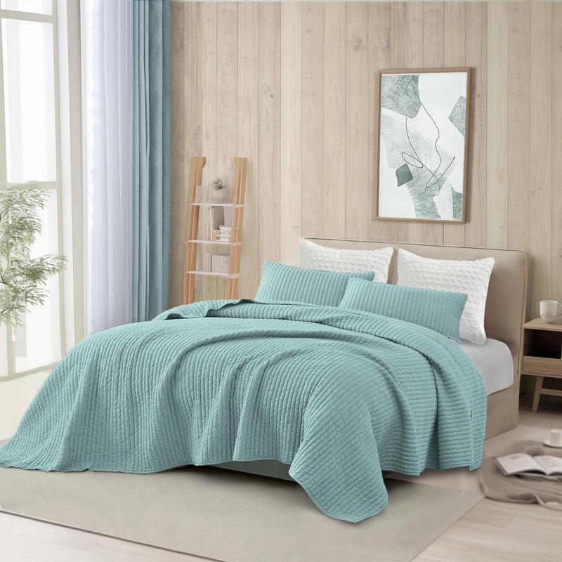 Wonderful 3PC Jersey Knit Reversible Queen Quilt Set, Lightweight Summer Comforter, Luxurious Breathable, Soft Cozy Stretchy, Carbon Brushing, Fade Resistant, Machine Washable (Dusty Turquoise, Full)