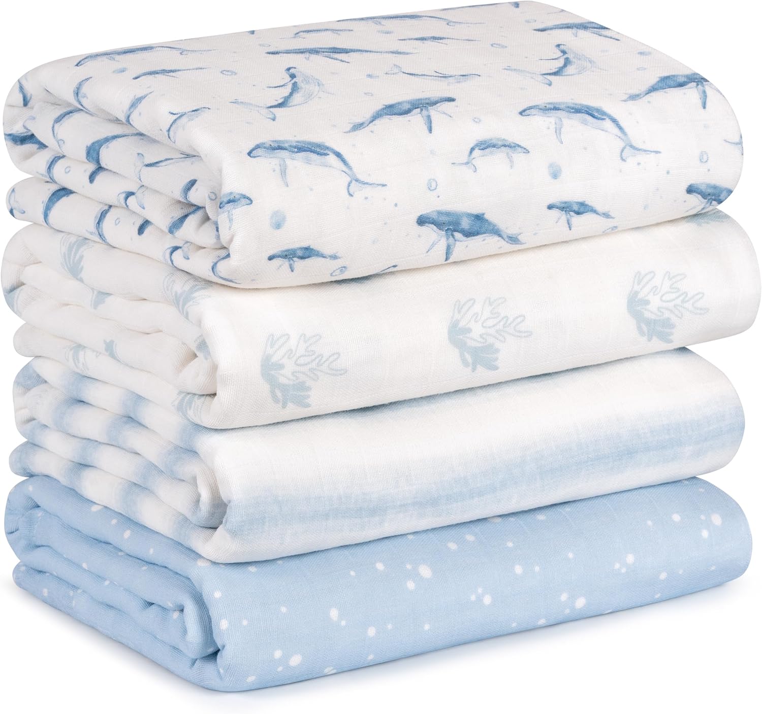 Skiennix Muslin Swaddle Blankets - 4 Pack Cotton Baby Blankets for Boys | Large 31.5 x 43.3 Soft & Breathable Blue Whale Design