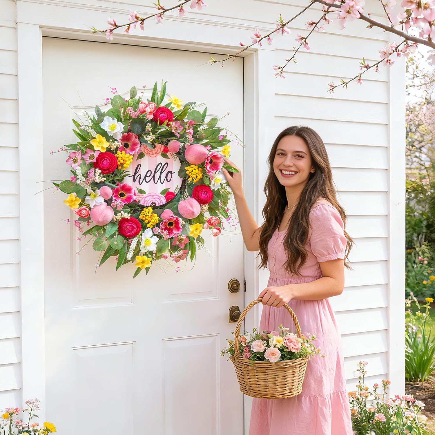 Spring Wreaths - 24 Inch Artificial Summer Wreath with Pink Roses, Cherry Blossom & Berries | Hello Sign for Indoor/Outdoor Farmhouse Decor