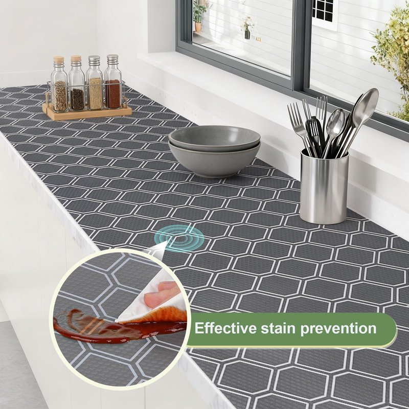 Non Adhesive Fridge Shelf Liner, Waterproof Drawer Liners for Kitchen Cabinet Refrigerator, No Slip Bathroom Cupboard Liner EVA Place Mat Roll -17.5" x 197" Grey