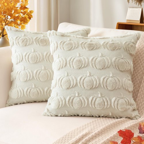 Artscope Fall Pillow Covers 18 x 18 Set of 2 Decorative Autumn Harvest Holiday Pumpkin Throw Pillow Cases Soft Plush Faux Fur Couch Cushion Case for Farmhouse Halloween Sofa Bed Room Home Decor-Beige