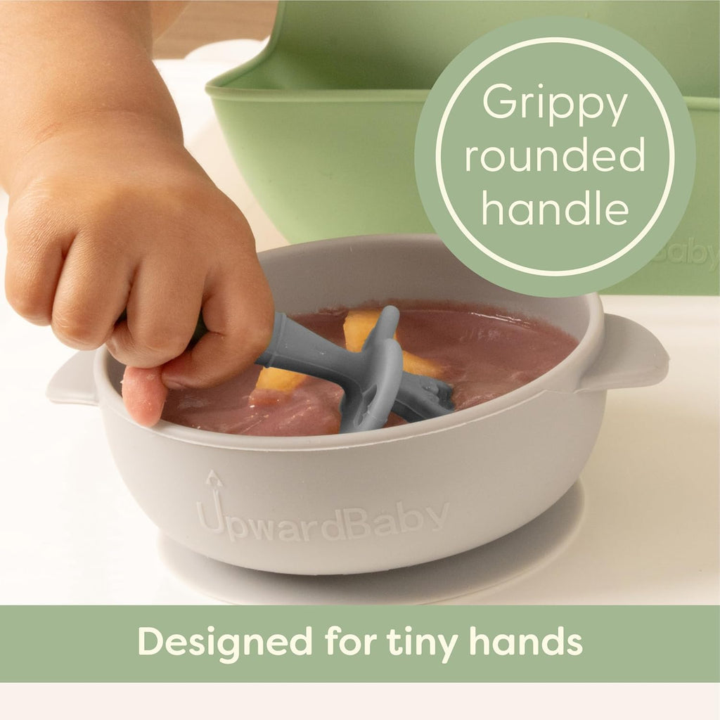 Upward Baby Spoons - Self-Feeding Toddler Utensils with Anti-Choke Barrier | 3 Pack, Silicone, Red/White/Blue