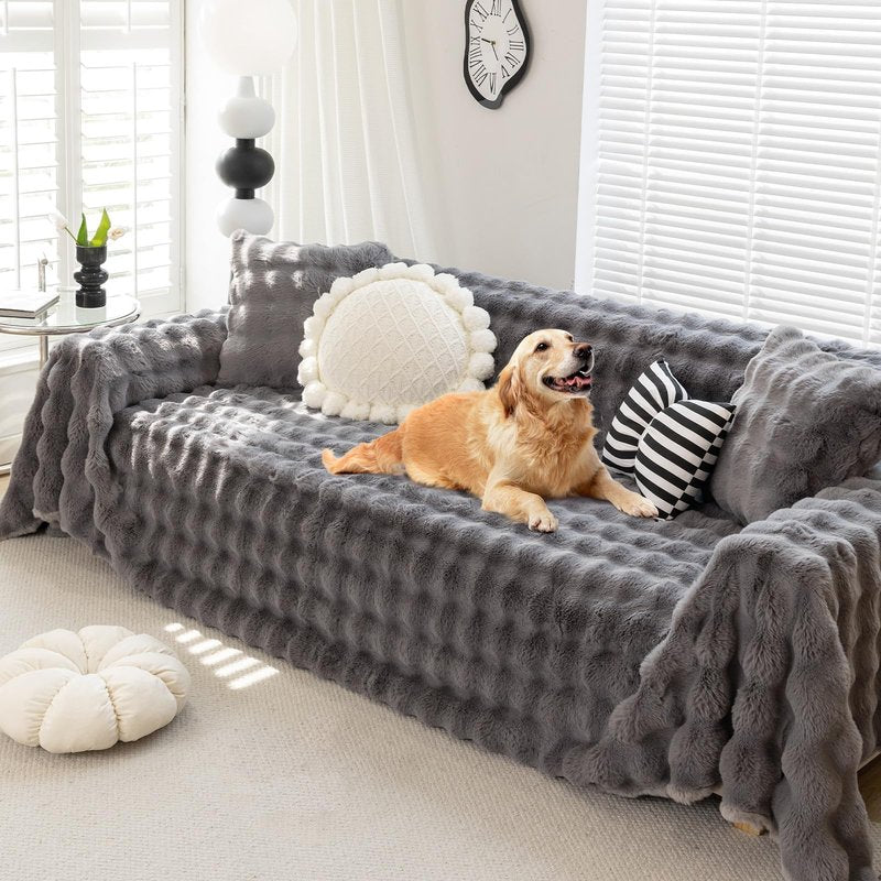 Foreate Fuzzy Plush Sofa Covers, Faux Fur Couch Cover for 3 Cushion Couch Sofa, Sectional Couch Cover, Warm L Shaped Sofa Slipcovers for Dogs, Cats (Dark Grey, 71" x 118")