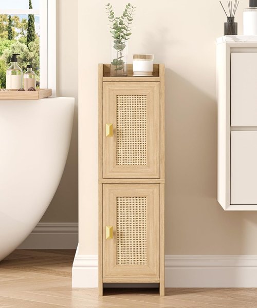 Akxomel Rattan Bathroom Cabinet - 2-Door Narrow Storage Unit for Small Spaces | Natural Oak, 7.9''D x 7.9''W