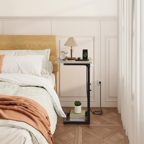Vagusicc C Shaped End Table with Charging Station, Adjustable Height Side Table for Couch, C Table End Table Couch Table That Slide Under, Sofa Table TV Tray Arm Tables for Living Room, Bedroom, Gray
