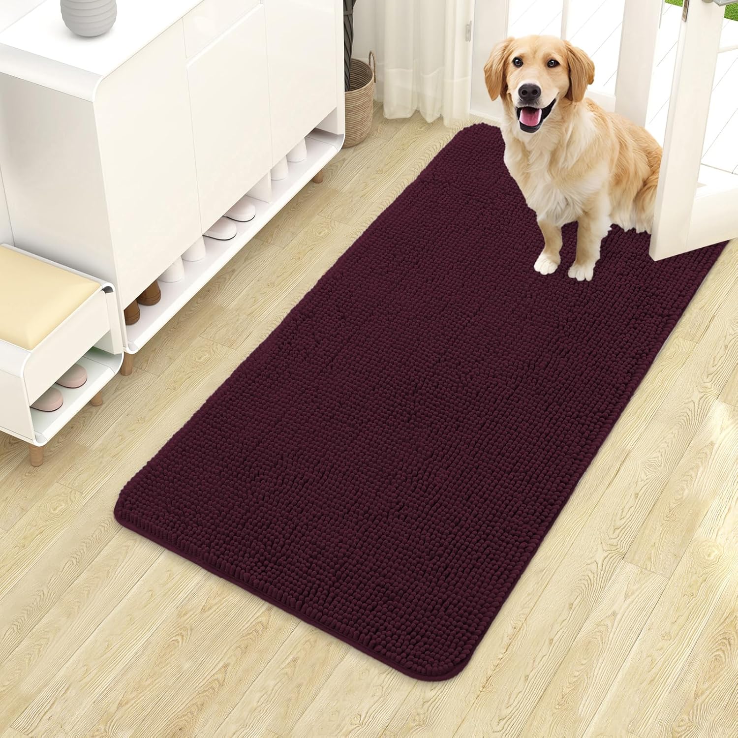 OLANLY Dog Door Mat - Absorbent Non-Slip Washable Doormat for Muddy Paws | 40x24 Inches, Quick Dry Chenille, Russet