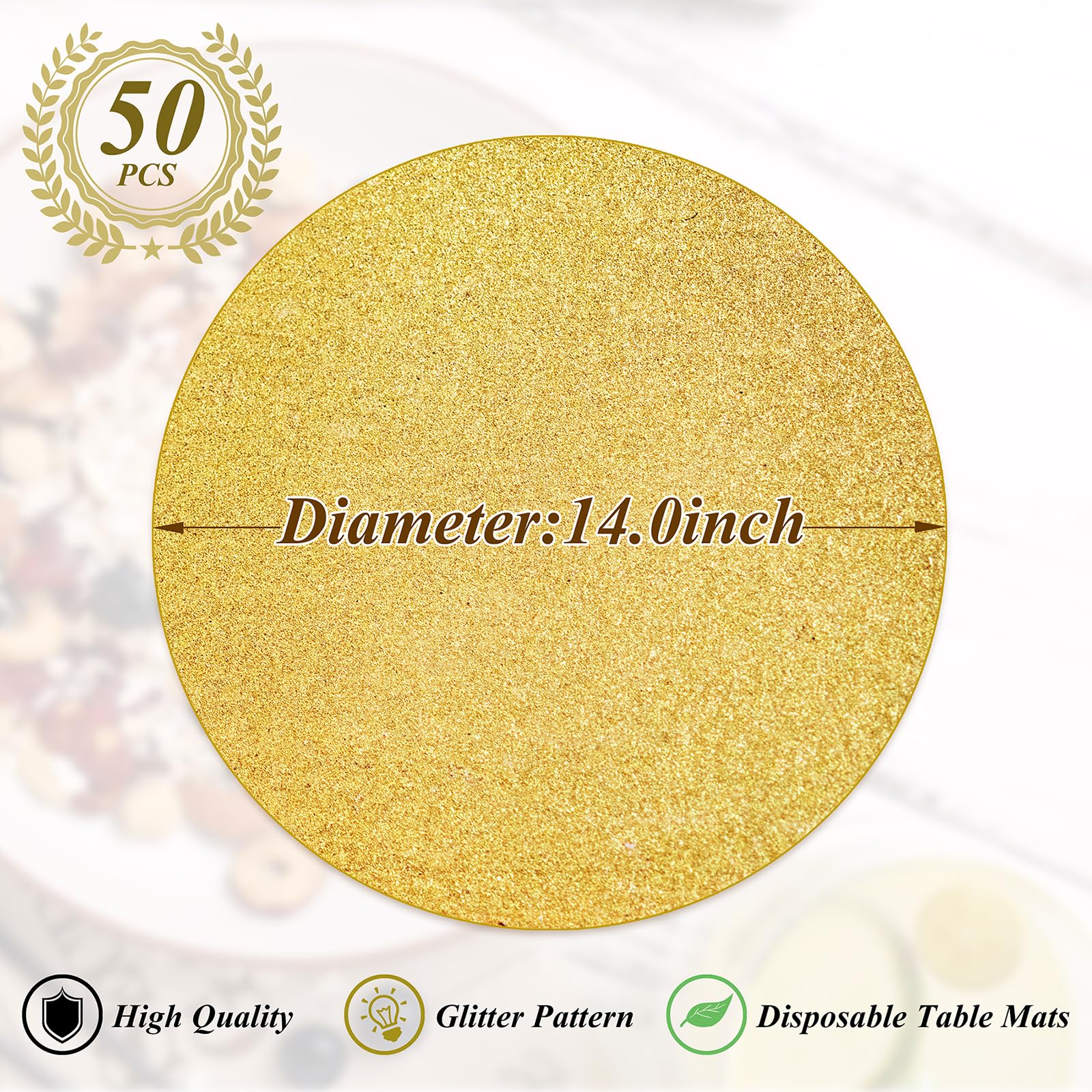 50 Pieces Gold Glitter Paper Place Mats Sparkle 14'' Round Disposable Table Mats Golden Sequin Doilies Decorative Placemats for Wedding Banquet Party Home Dining Tableware