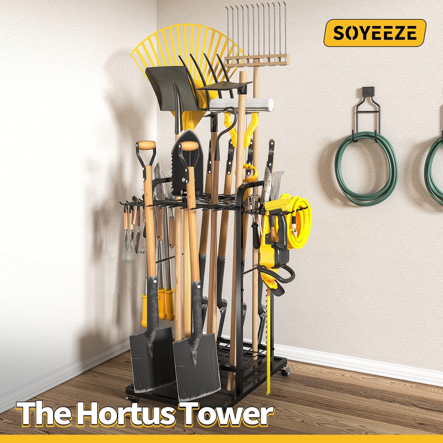 SOYEEZE Garden Tool Organizer - Heavy Duty 3-Tier Tool Rack with Lockable Wheels | Holds 35 Tools