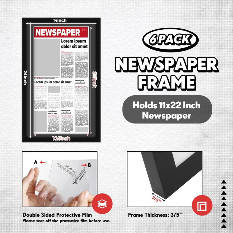 DoubleFill 14x24 Newspaper Frame with Mat, Displays 11x22 Newspaper, Wall Hanging Picture Poster Frame for Media Article Document(Black Mat,6 Pcs)