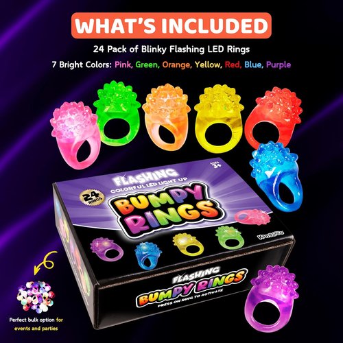 Kangaroo LED Light-Up Rings - 24 Pack Colorful Flashing Finger Lights for Kids' Parties & Raves