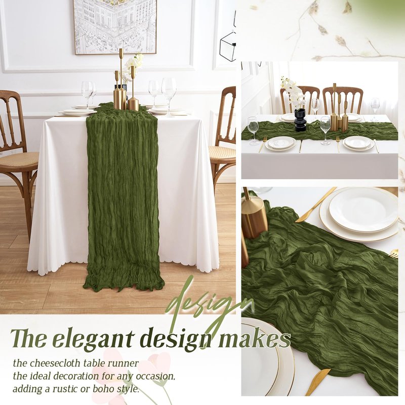 JEZID 4 Pack Olive Green Cheesecloth Table Runner 10FT Boho Rustic Gauze Cheesecloth 120 inch Cheese Cloth Runner for Wedding Bridal Baby Shower Party Home Decoration