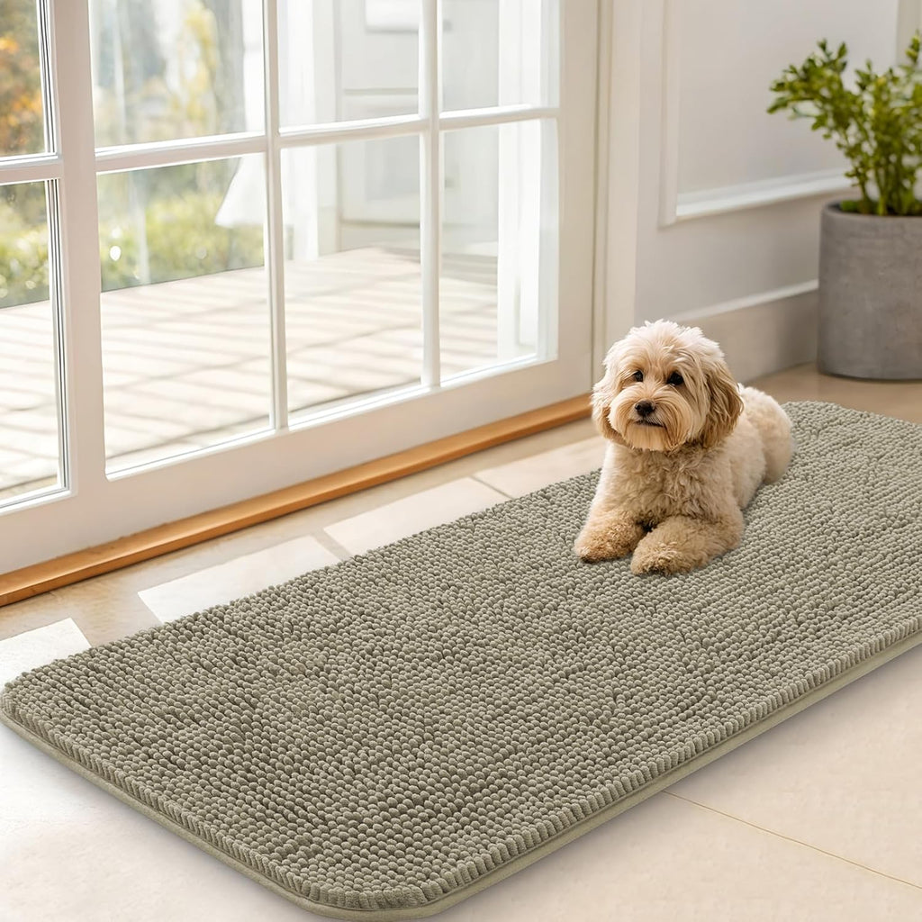 OLANLY Dog Door Mat - Absorbent Non-Slip Chenille Mat for Muddy Paws | 47x20 Inches, Warm Taupe