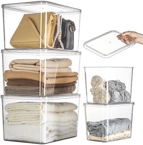 Lidded Plastic Storage Bins Set - Clear Desk Organizer Baskets for Kitchen & Closet | 3XL + 2M Sizes