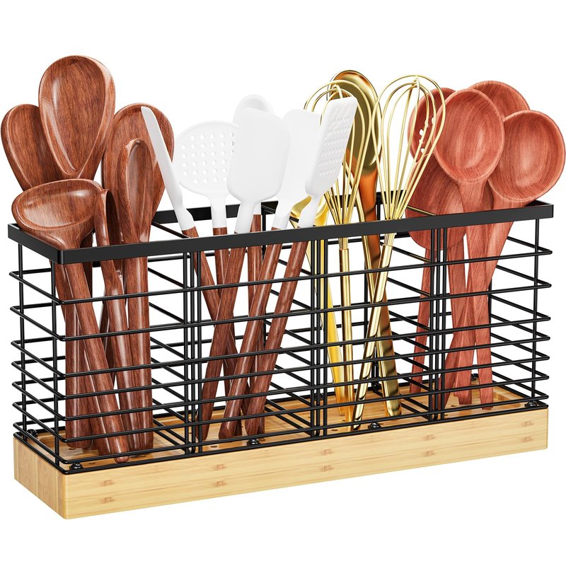 Yirilan Large Kitchen Utensil Holder, Cooking Utensil Holder for Counter, Cooking Holder for Spatula with Wooden Base, Kitchen Countertop, Farmhouse Cooking Utensil Storage (4 Compartments)