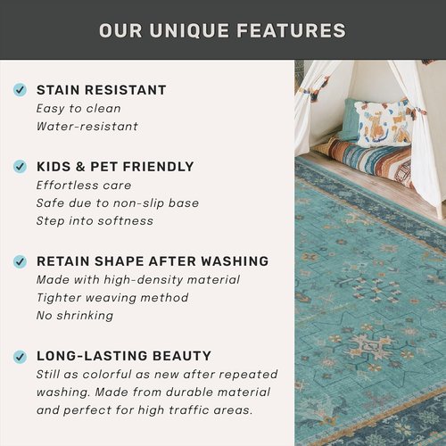 Boho 2x8 Non-Slip Kitchen Runner Rug - Machine Washable Vintage Carpet in Floral Aqua Blue