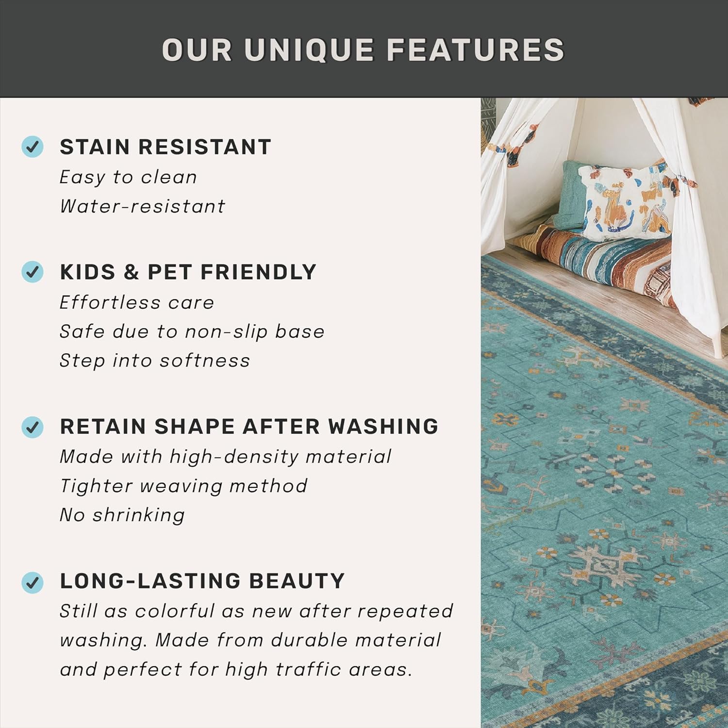 Teal 4x6 Vintage Non-Slip Rug | Boho Turquoise Geometric Floral Design for Entryway & Kitchen