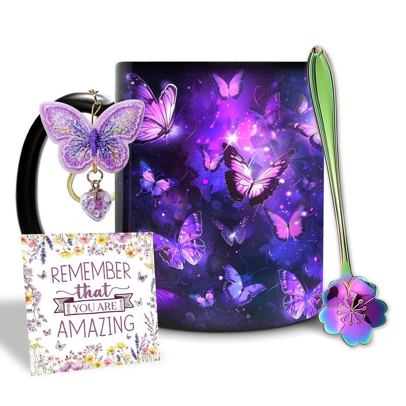 Hyturtle Butterfly Mug Set with Spoon & Keychain Gifts for Women, Mothers Day, Birthday Gifts For Mom, Daughter, Sister, Purple Night Butterflies Mug Set, Unique Gift Ideas 11oz Black Ceramic Tea Cup