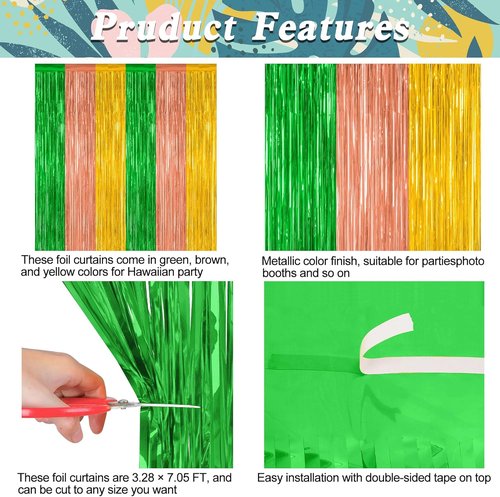 Hawaiian Party Decorations by [Brand Name] - 12 Pack Luau Backdrop Fringe Curtains | 3.28 FT x 7.05 FT, Green, Brown, Yellow