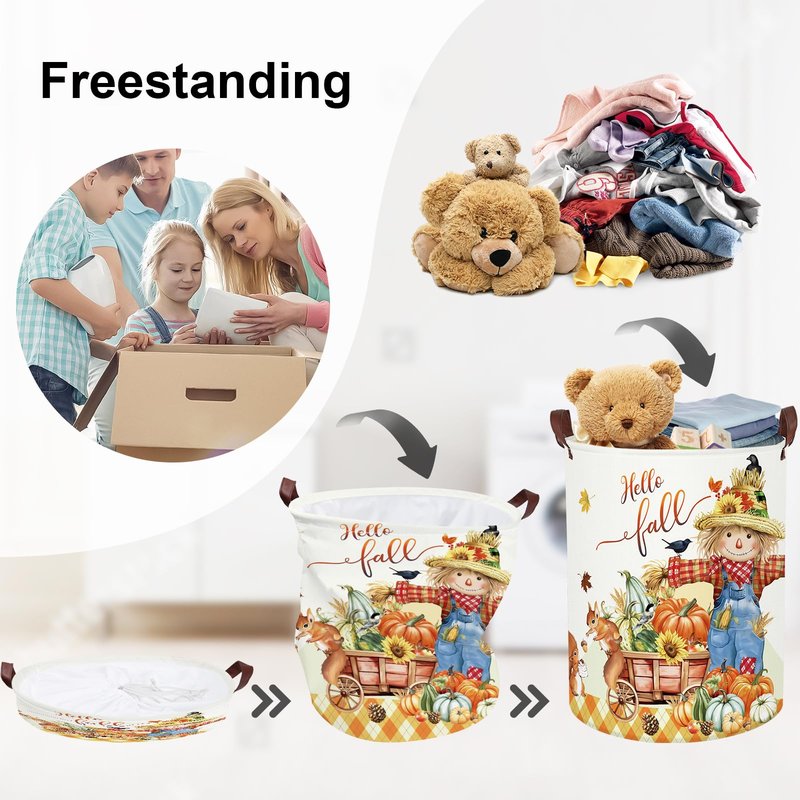 HUUMONSS Happy Thanksgiving Baby Storage Basket Pumpkin Maple Leaf Collapsible Clothes Kids Laundry Hamper Large Boys Girls Gift Toy Box Bin for Nursery Room,Scarecrow,40*50 cm