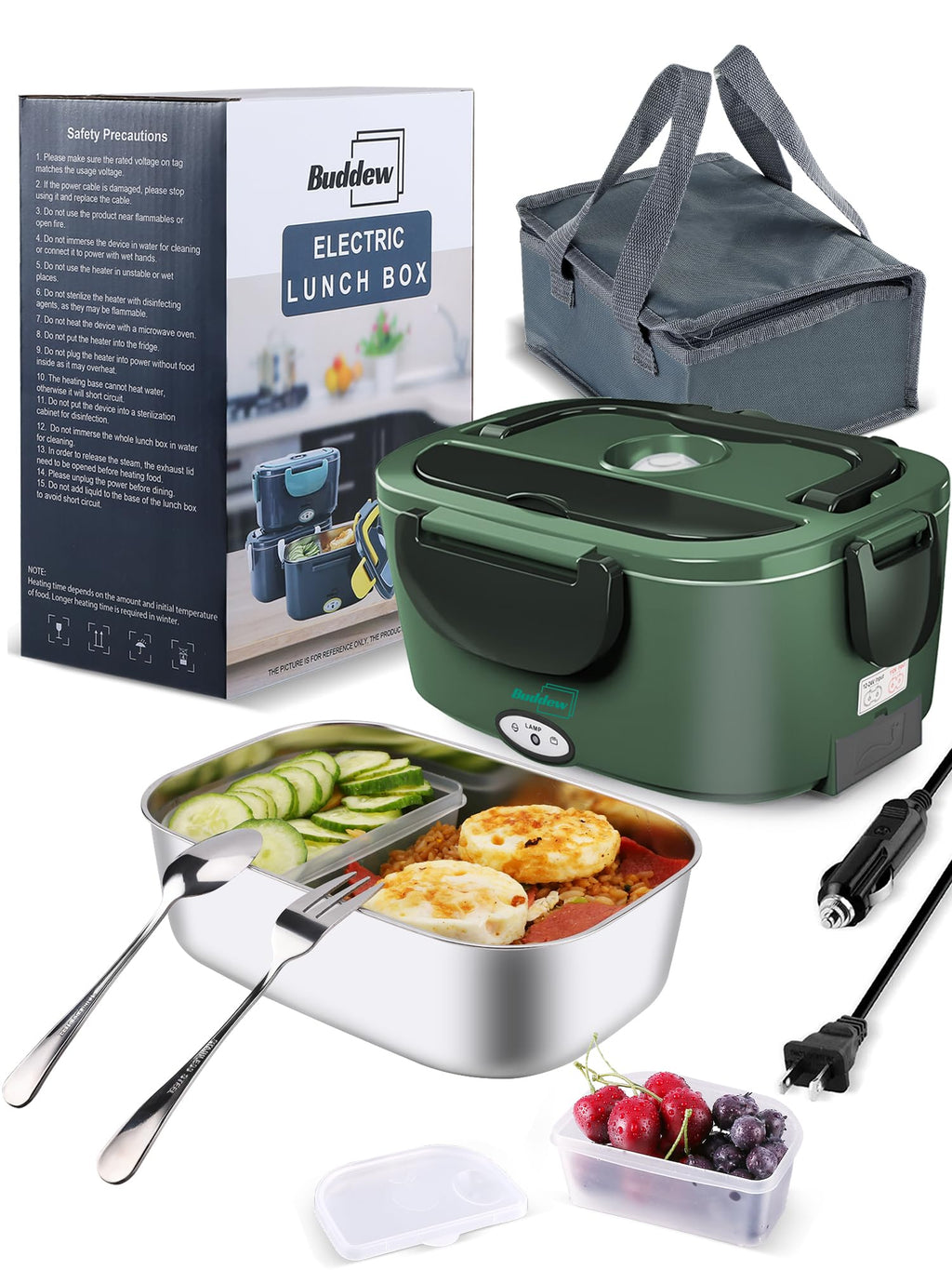 Buddew Electric Heated Lunch Box for Adults - 80W Fast Heating, 1.5L Food-Grade Stainless Steel, 12V/24V/110V Portable Food Warmer for Work Travel Car, Lonchera Electrica Portatil