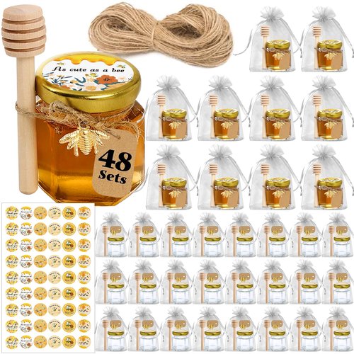 Aliggbent 48 Pack Mini Honey Jars Party Favors in Bulk, 1.5 oz Small Hexagon Glass Honey Jars with Dippers, Lids, Cute Stickers, Bee Charms, Gift Bags and Jute for Baby Showers, Weddings & Birthdays
