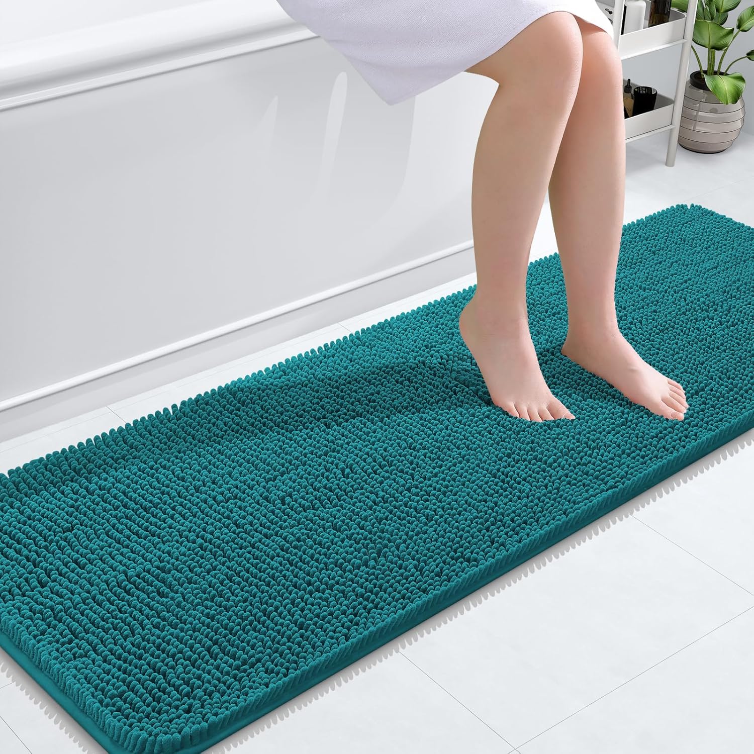 OLANLY Bathroom Runner Rugs - Soft Absorbent Chenille Bath Mat with Rubber Backing | 59x20 Inches, Deep Lake Color