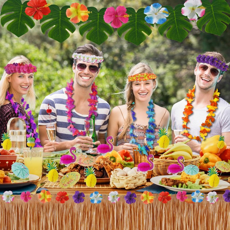 Hawaiian Luau Party Decorations Set - Tropical Grass Table Skirt With Palm Leaves and Flowers for Beach Summer BBQ Tikki Bar Theme Party