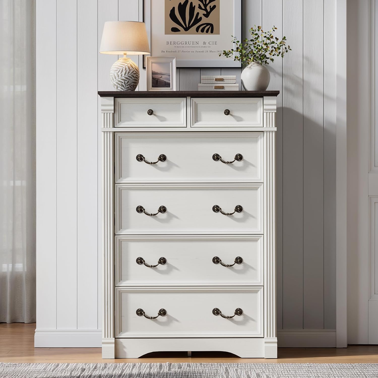 Regine Switzerland 6-Drawer Dresser - Rustic White Tall Chest with Chic Wood Pilasters | 47" Bedroom Organizer