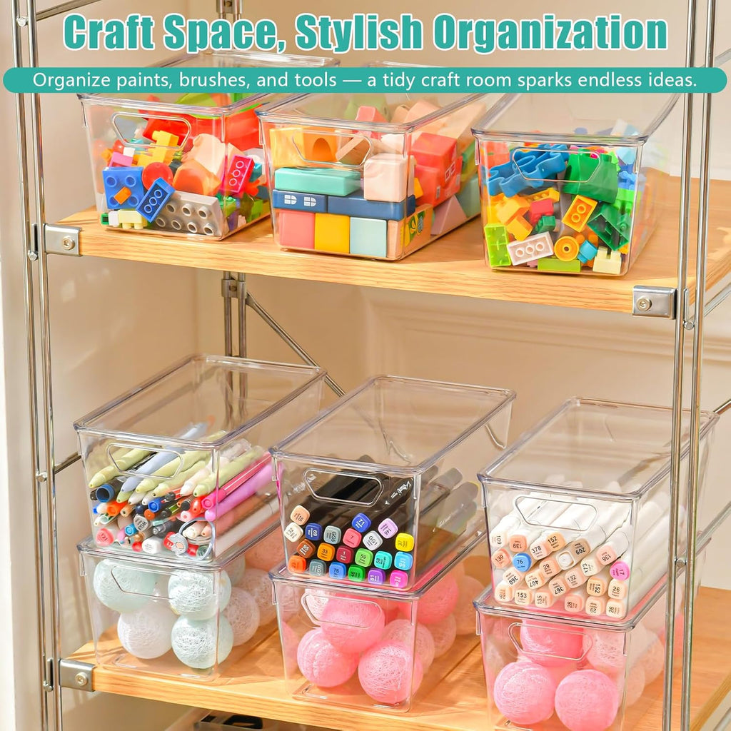 Skiennix 6-Pack Clear Storage Bins - Stackable Acrylic Craft Containers with Lids & Handles for Pantry, Kitchen, Office