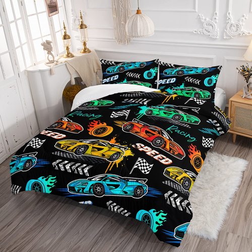 Hosima Child's Cartoon Sports Car 3Piece Set with 2 Pillowcases, Racing Car Bedding for Boys and Girls, Fast and Furious Extreme Sport Games Comforter, Black Comforter Full Size
