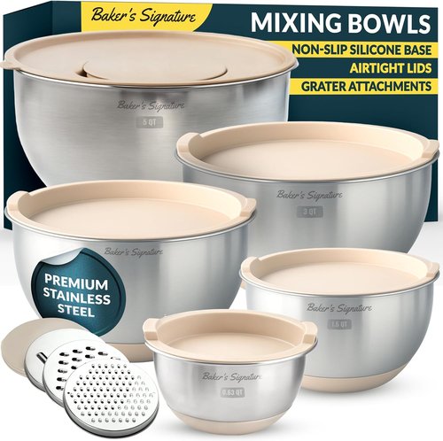 Baker's Signature Stainless Steel Mixing Bowls Set - Airtight Lids, Non-Slip Base | 5 Sizes (0.63QT-5QT), Khaki