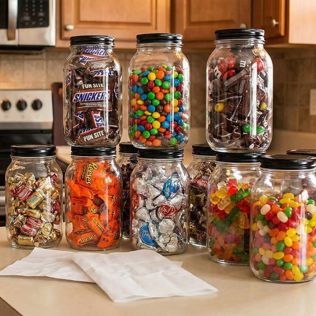 novelinks 32 oz Plastic Mason Storage Jars with Lids, 12 Pack BPA-Free Clear Plastic Jars with Lids 32oz, Leak-Proof Plastic Quart Containers for Kitchen and Home Use (Black)