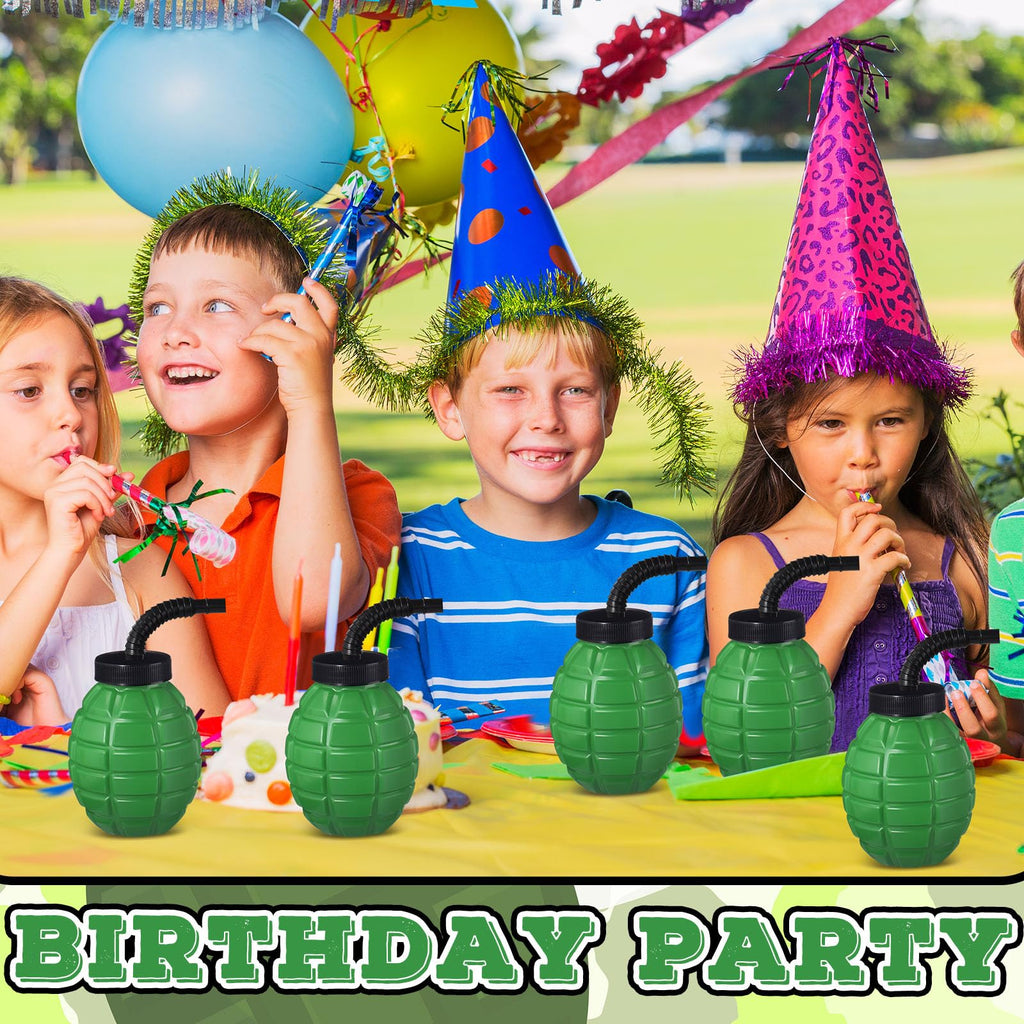 Tanlade Army Birthday Party Camo Party Supplies Grenade Cups with Straws and Lids, 10 oz Plastic Grenade Shape Cup Reusable Cups Bulk for Army Soldier Camouflage(24 Pcs)