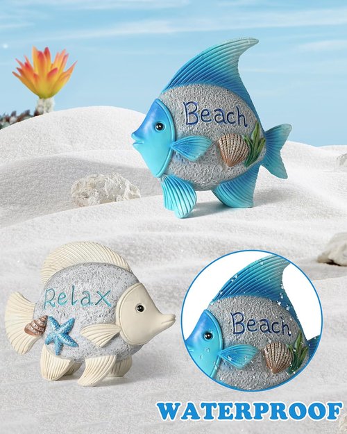 iStatue 2-Pack Coastal Fish Figurines - Cute 4.4'' Nautical Decor for Bathroom & Living Room