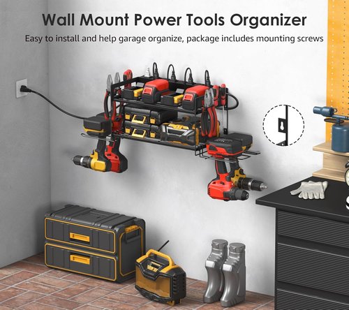 CCCEI Garage Tool Storage - Power Tool Battery Organizer with Charging Station | Wall-Mount Rack for 4 Drills - Black