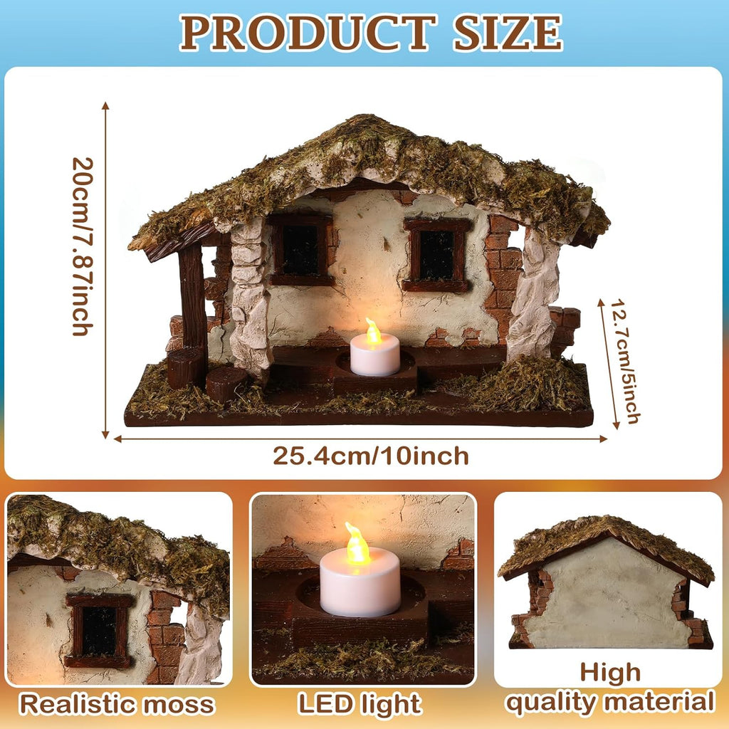Barydat Christmas Nativity Scene - Realistic Resin Manger with Moss Roof | 10 x 7.87 x 5 Inches