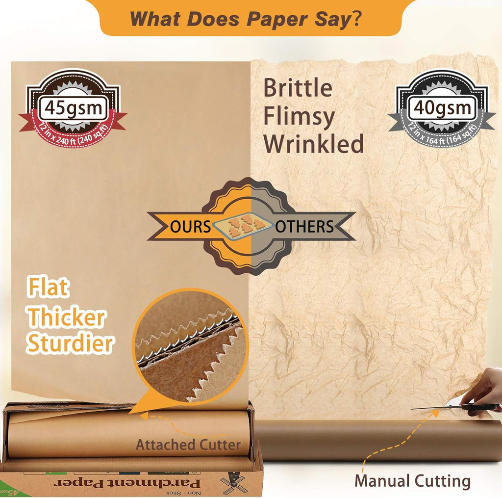 Unbleached Parchment Paper Roll - Non-Stick Baking Paper, 12 In x 240 Ft for Cooking & Grilling