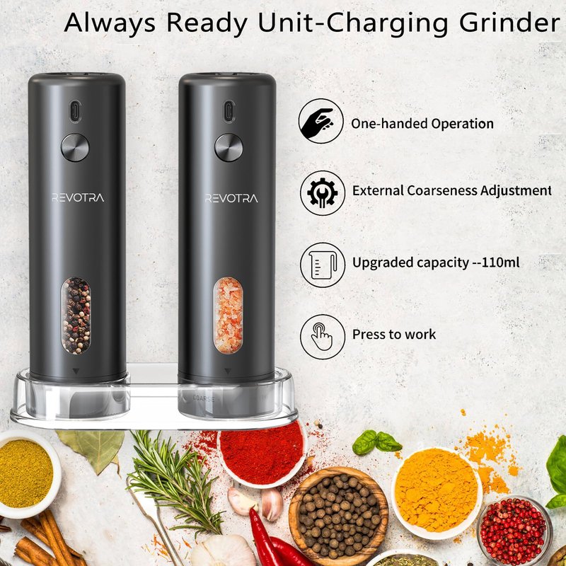Electric Salt and Pepper Grinder Set, Rechargeable Automatic Salt and Pepper Shakers with 6 Adjustable Coarseness, Christmas Gift, Larger Capacity, LED Light, One-Handed Operation, 2 Packs