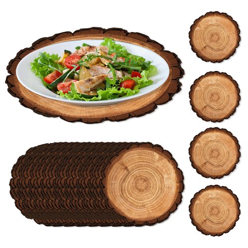 30 Pcs Disposable Wood Grain Placemats, Rustic Brown Decorative Round Placemats for Birthday Party Table Setting Supplies Decoration