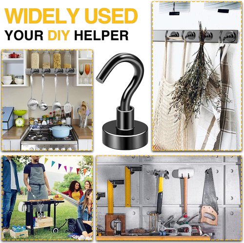 DIYMAG Magnetic Hooks - Heavy Duty 30lbs Capacity | Strong N52 Magnets for Home & Travel - 10 Pack Black