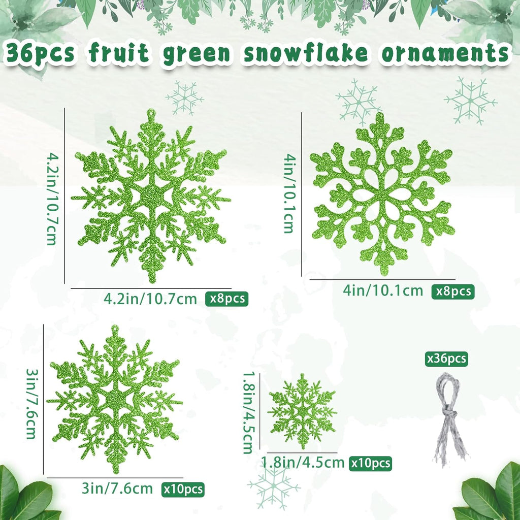 Skiennix 36pcs Christmas Lime Green Snowflake Ornaments - Plastic Hanging Decor for Holiday Home & Parties