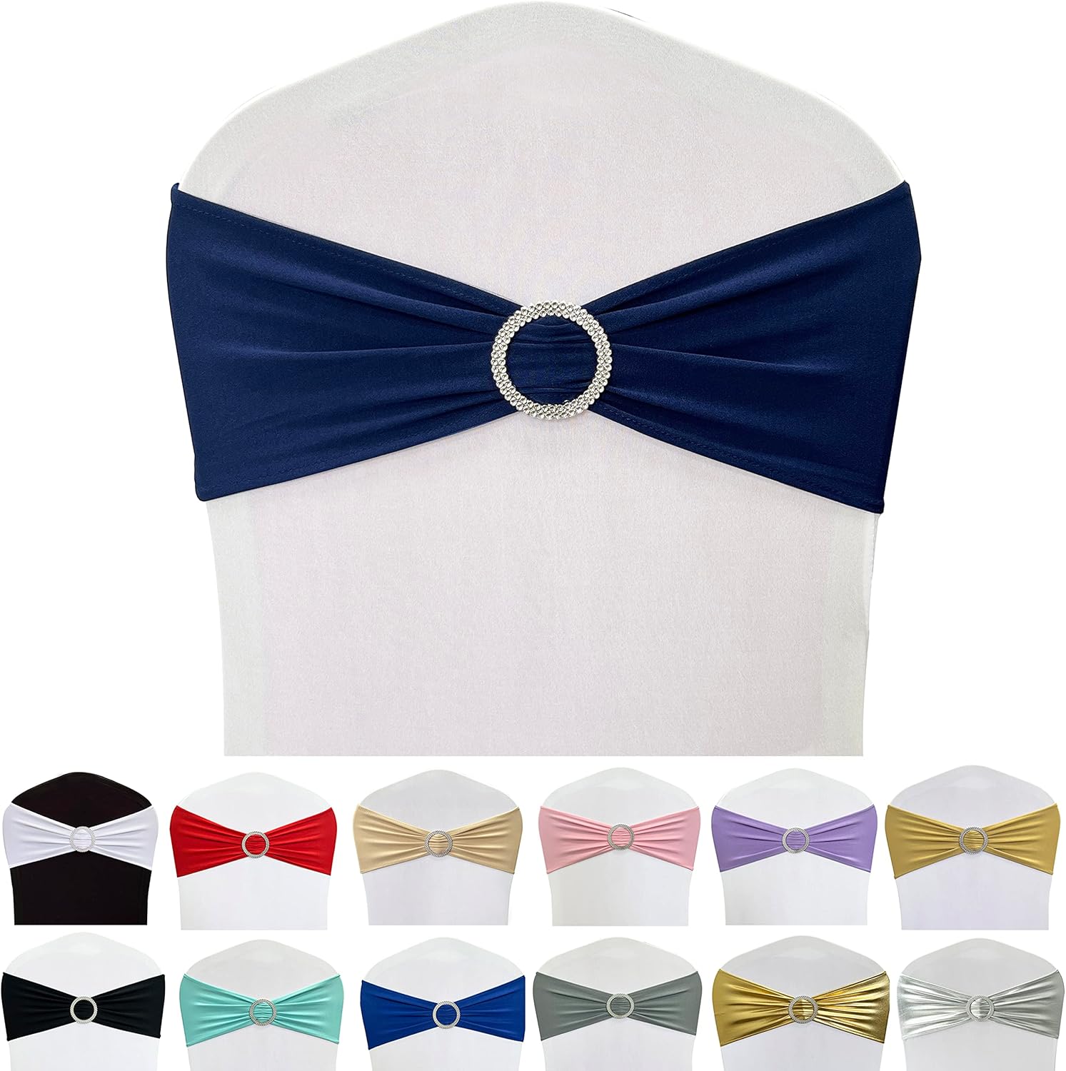 Spandex Chair Sashes by [Brand Name] - 50PCS Stretch Ties with Buckle Slider for Navy Blue Wedding Decor