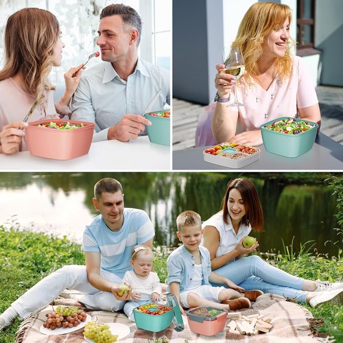 Cherrysea Salad Lunch Box - 2-Pack Bowls with 3 Compartments, Leak-Proof Design - Green & Pink